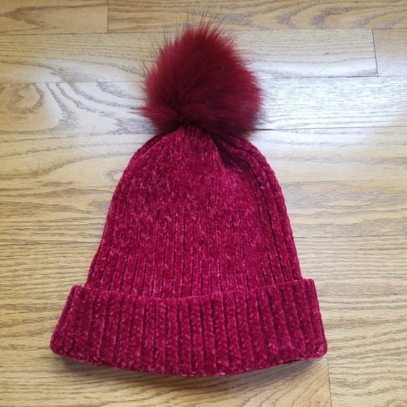 Loft Beanie Chenille Faux Fur Pom Pom Hat Maroon Red Wine Cozy Warm Classic Boho main image 6